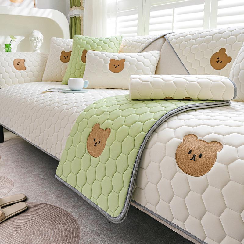 Ice Silk Cartoon Sofa Cushion Summer Couch Cover Simple Non-Slip Embroidery Cushion Solid Color Sofa Cover Latex Sofa Cushion