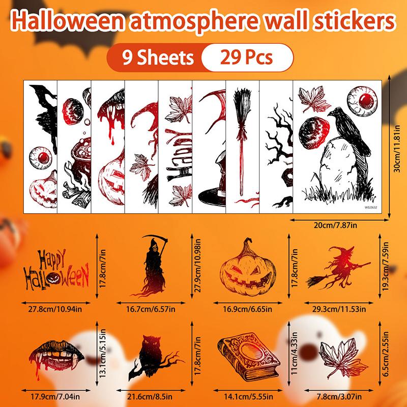 6/8/9 Sheets Halloween Window Clings Cute Ghost Pumpkin Bat Removable Self Adhesive For Home Party Glass Decor