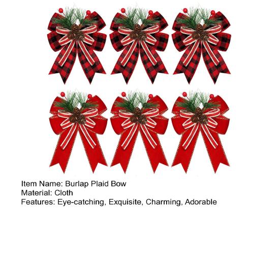 Christmas Burlap Plaid Bow with Pine Cones Pine Needles Large Buffalo Plaid Bow Xmas Wreath Checkered Bow for Holiday Crafts Home Party Tree Decor