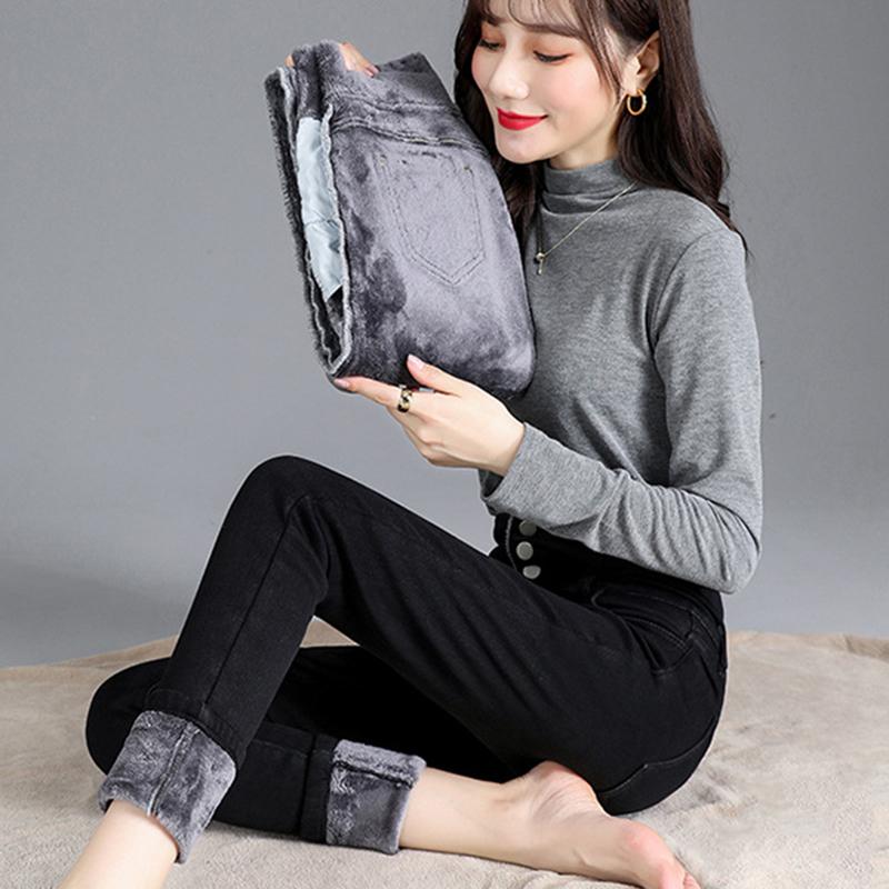 Winter Slim Fit High Waist Denim Jeans Women Solid Warm Velvet Denim Pencil Pants Casual Straight Solid Vintage Office-lady Jeans Trousers 30108