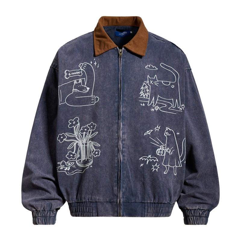 Mens Vintage American Style Denim Jacket Fun Graffiti Print Loose Fit Casual Outerwear
