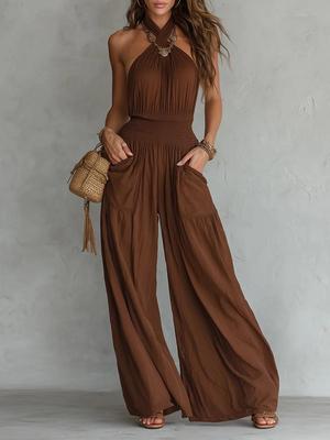Damen Bohemian rückenfreier Jumpsuit mit Raffung und Taschen