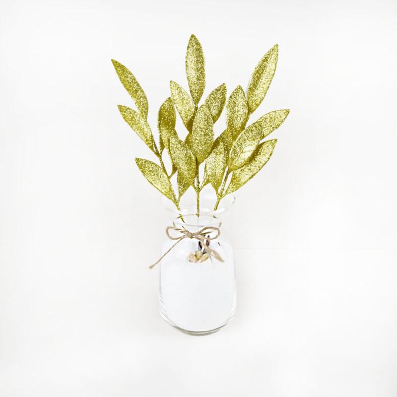 6-Leaf Gold Glitter Olive Branches Christmas Tree Wreath Garland Decorative Stem
