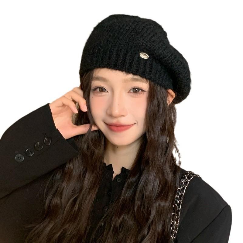 Korean Version of Autumn and Winter Hat for Women's Metal Small Label Knitted Beret Solid Color Versatile Warm Wool Hat Thick New