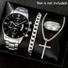 Men's Watch Set Stainless Steel Bracelet Cross Pendant Necklace Ring Fashion Accessories Stylish Design Durable Construction