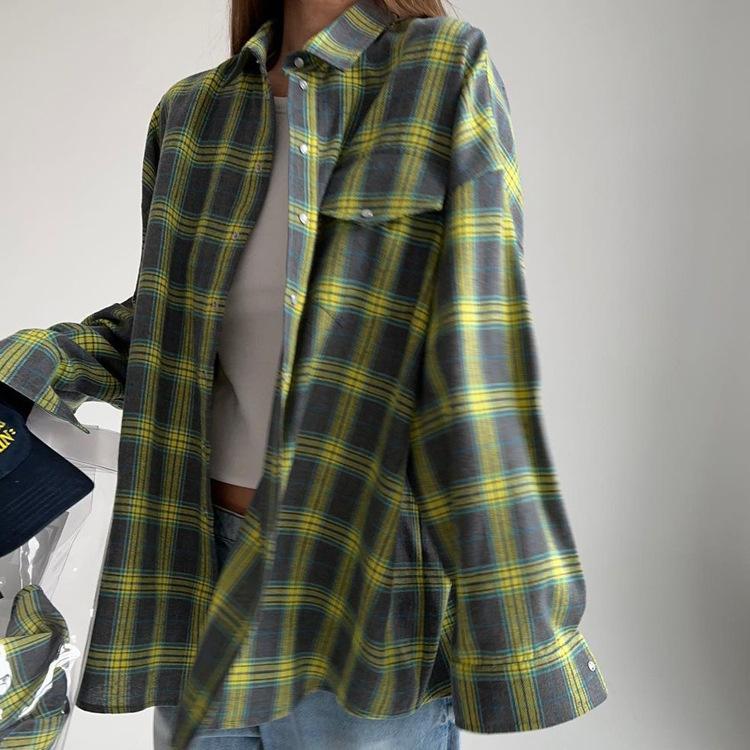 Retro Style All-Matching Lapel Loose Shirt 2025 Spring and Autumn Plaid Long Sleeve Pocket Women's Shirt
