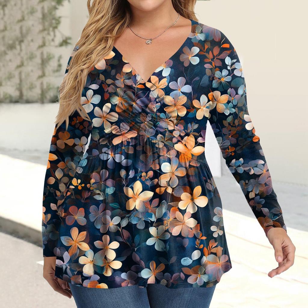 Dame Pluss Størrelse Skjorte Langermet Trykk Topp Plissert Casual V-hals Topp