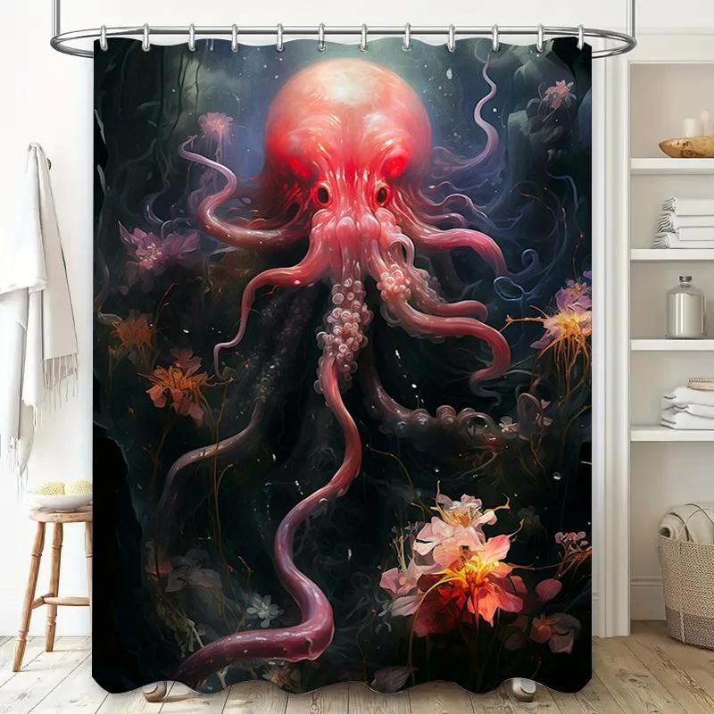 Stylish Underwater Octopus Shower Curtain 3D Printed Waterproof Fabric for Bathrooms Decor Pink Ocean Tentacles Flower Design (S