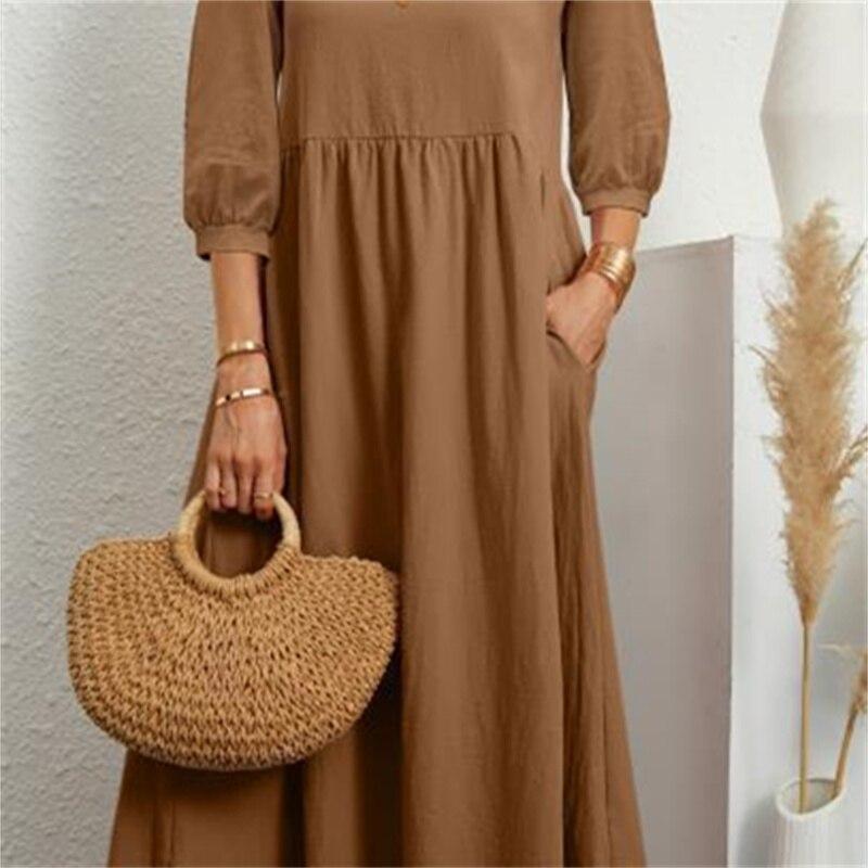 2022 Summer Cotton Linen A-line Maxi Dresses Woman Robe Femme Ladies Elegant Fashion Vintage Loose Solid Women's Dress For Women