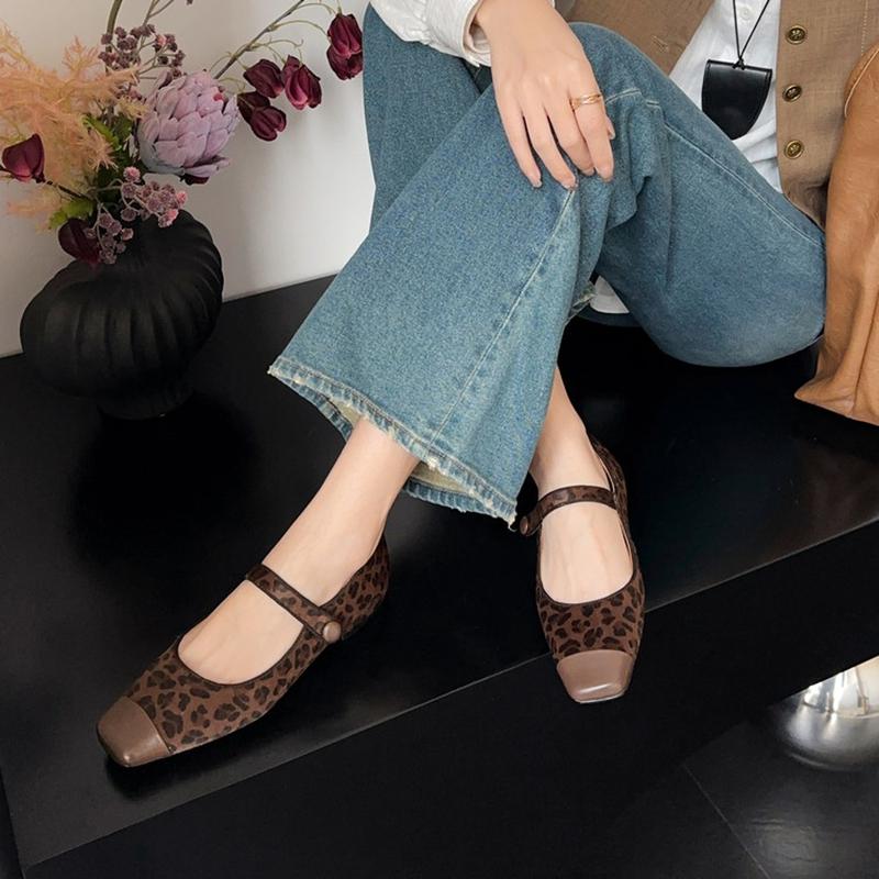 Mode NEU Herbst/Frühling Damen Pumps Eckige Zehenpartie Niedriger Absatz Schuhe Pferdehaar Schuhe Damen Prägnant Flach Slipper Leopard Mary Janes Schuhe
