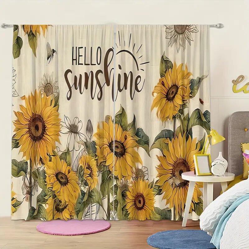 2pcs- Bees dancing on sunflowers in summer pattern printed curtains   window decorations   home decorations   room decorations