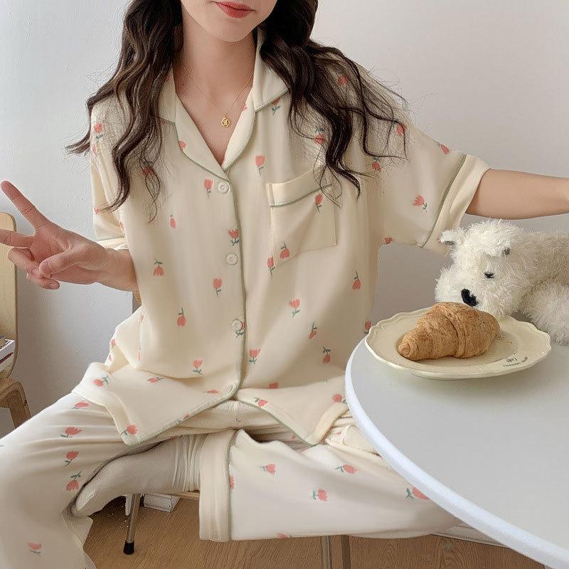 Sweet and Cute Pajamas Women's Summer Short-sleeved Trousers Girls Loungewear Suit