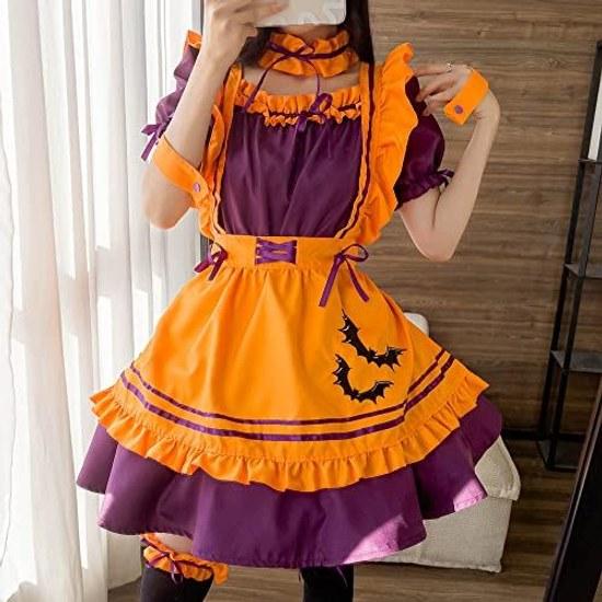 RPFLQ Halloween maid outfit orange bat cosplay costume ladies apron headband cute adult one-piece 7-piece set knee-high socks
