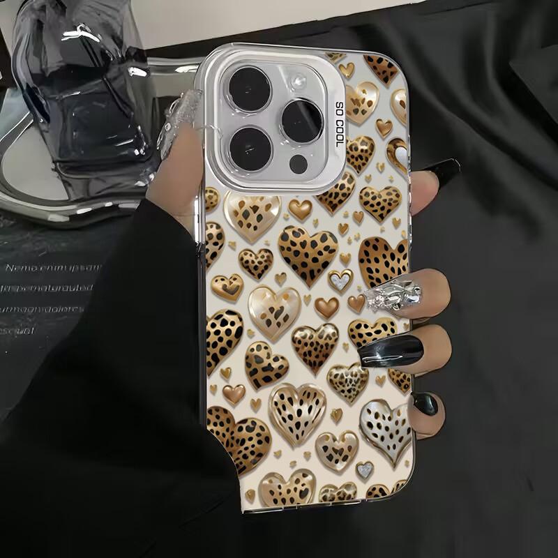 Love Heart Leopard Print Electroplate Silver Phone Case For iPhone 16 Pro Max 15 14 13 12 11 7 8 Plus X XS XR Shockproof Cover