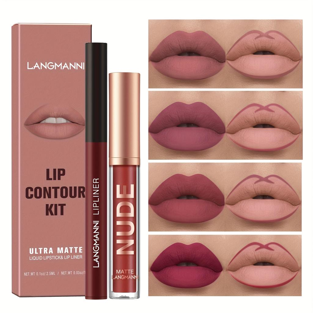 2pcs Matte Lip Color Set with Lip Liner - Long-Lasting, Non-Stick, Water-Resistant Lipstick & Lip Liner Combo Makeup Set Smooth Application