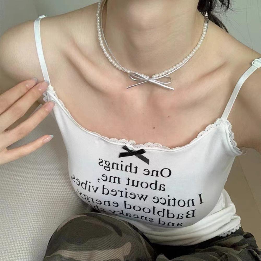 Y2k Cyberpunk Silver Color Leather Bowknot Choker Imitation Pearls Beading Double-layer Collar Necklace for Women Jewelry Gifts