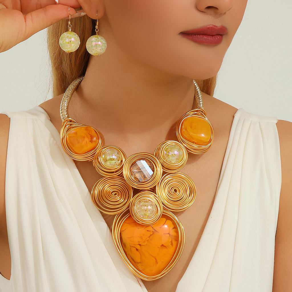 Statement Jewelry Set Trendy Resin Gem Crystal Beads Aluminum Wire Handmade Woven Necklace And Earrings Women Party Accessories