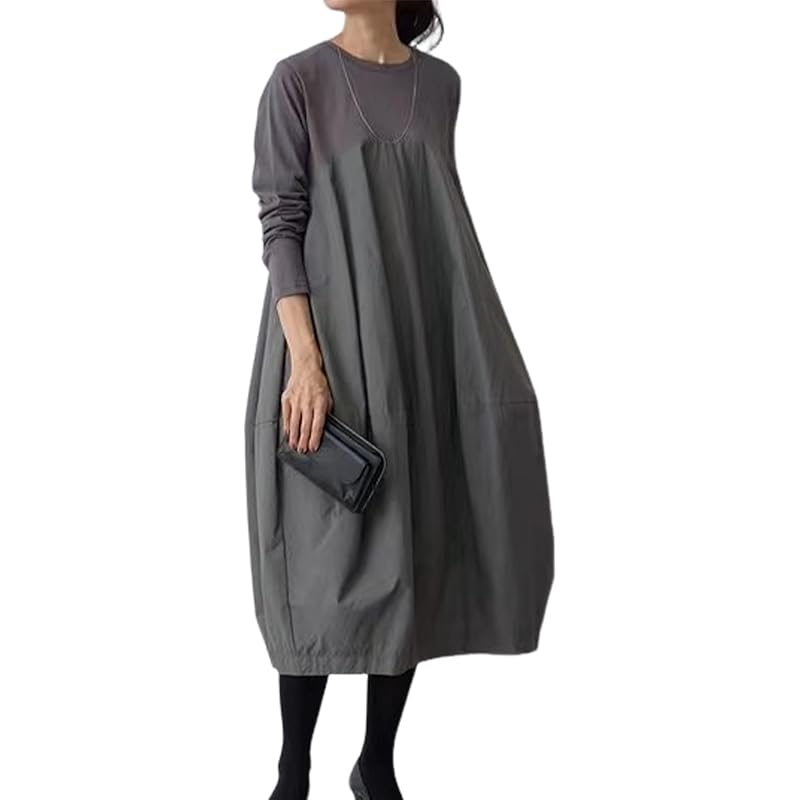 

[Nyune] Cocoon dress formal long sleeve switching One piece Relaxing body shape cover Dress slimmer simple ladies spring autumn Okeyi Stylish Elegant