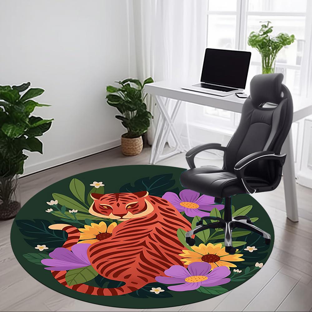 1pc Tiger Flowers Office Round Area Rug, Mat Suitable For Office, Under Office Chairs Bedroom Living Room Home Decor, Room Deco