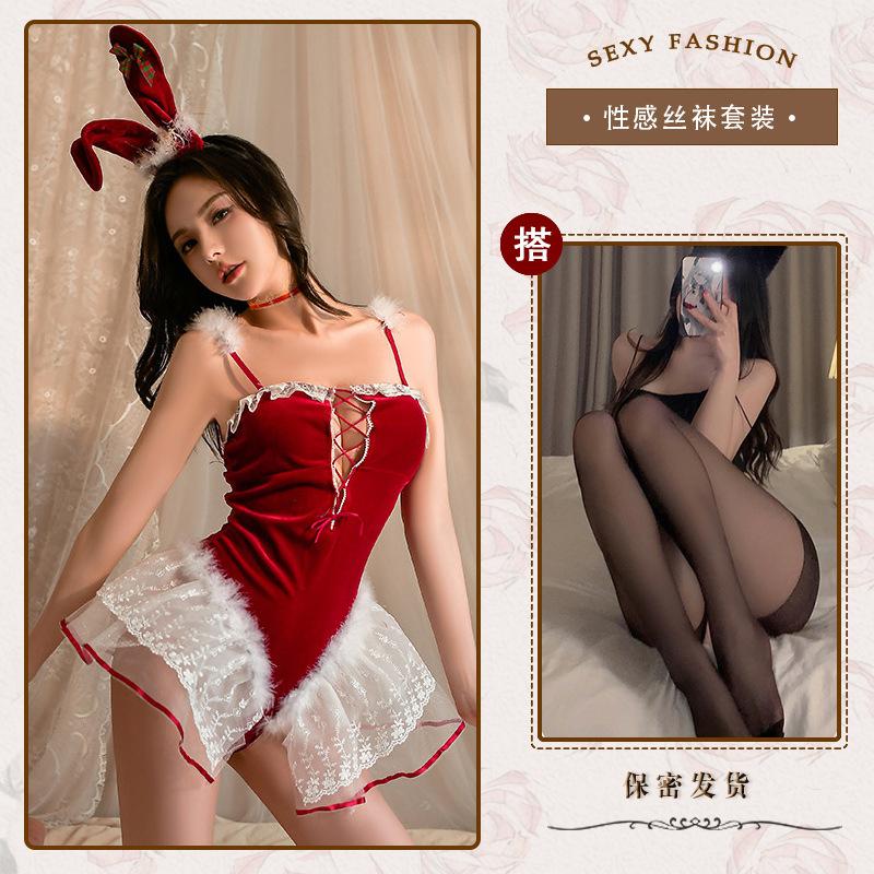 Velvet Embroidered Lace Lingerie Female Christmas Bunny Sexy Uniform Seduction Sao Perspective Suit Seduction
