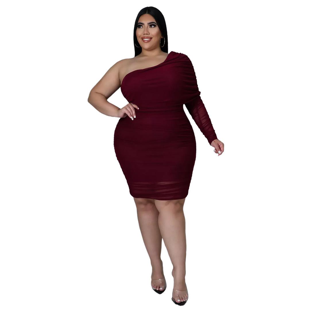 

Модное женское платье больших размеров с двойной сеткой и плиссировкой, один рукав, косое плечо 5XL бордовый