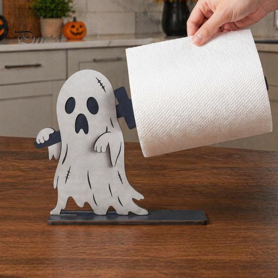Dark Theme Table Organizer Halloween Wooden Napkin Holder, Ghost Pumpkin Skeleton Cat Bat Tissue Dispenser, Waterproof Gothic Room Decor Tabletop for