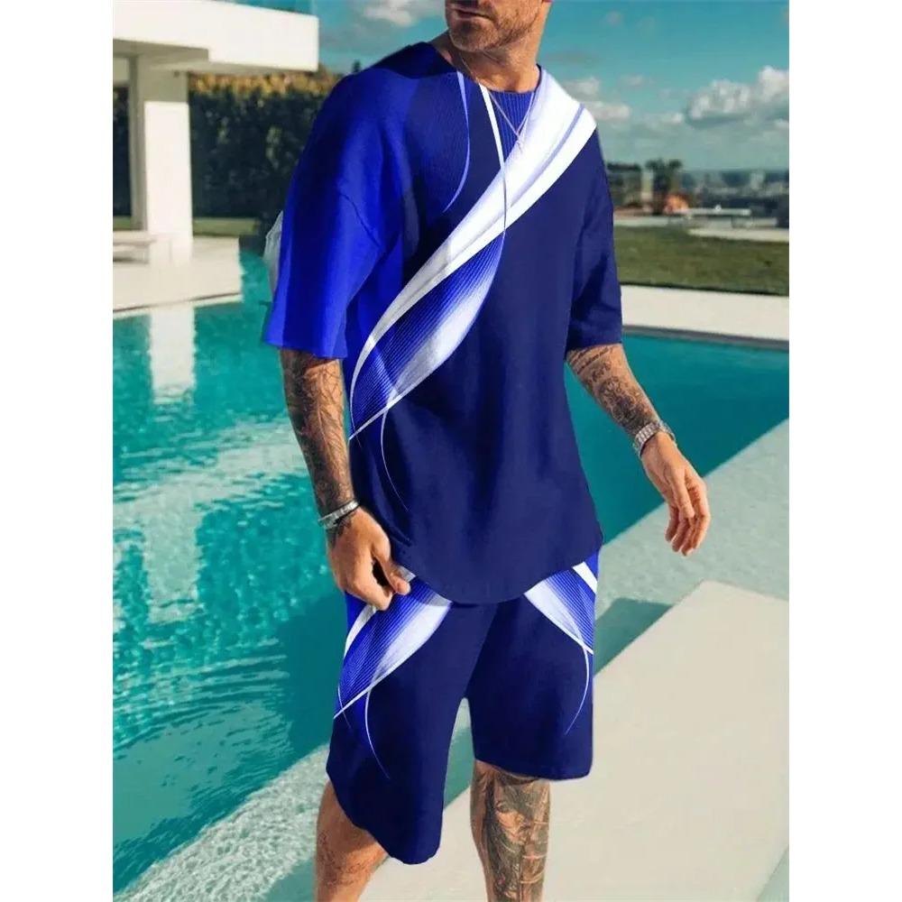 Summer Men s 3D Stripe Printed Sports Suit Fashion Versatile Trend Casual Breathable S