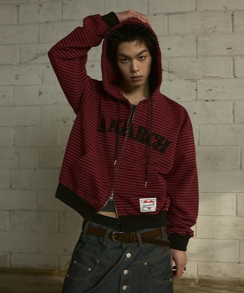 Lanarchive [0116] Logo Applique Stripe Zip-Up Hoodie - Red