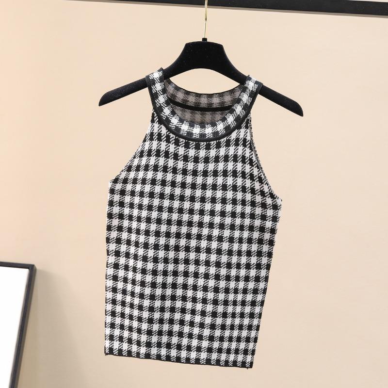 Letní síťový nový jahodový tisíc ptáků kostkovaný dámský letní sexy roztomilý krátký ohlávkový top vesta postroj