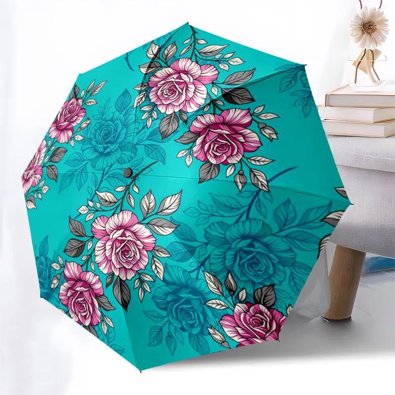 1pc Floral Pattern with Pink Roses on Teal Background Umbrella with Plastic Handle,Compact & Stylish,Suitable for All Seasons ptys26007