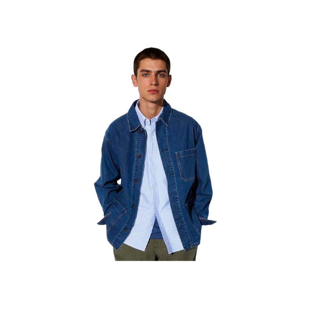 UNIQLO Solid Color Pointed Collar Single-Breasted Long Sleeve Jacket Unisex jackets Denim-Blue 467535-67