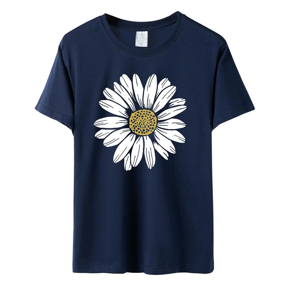 Womens Cotton Daisy Print Base Tshirt Loose round Neck Casual Short Sleeve Fashion Top Wholesale Clothing Summer