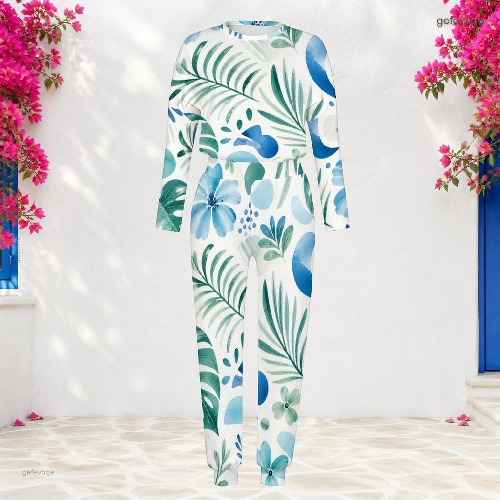Women Plus Size White Teal Printed Round Neck Long Sleeve Cuffed Top And Cuffed Pants Two Piece Set