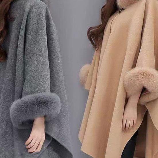 Lady Winter Cape Coat Dolman Sleeves Thick Shawl Loose Stand Collar Solid Color Faux Fur Decor Warm Daily Wear Work Outdoor Poncho