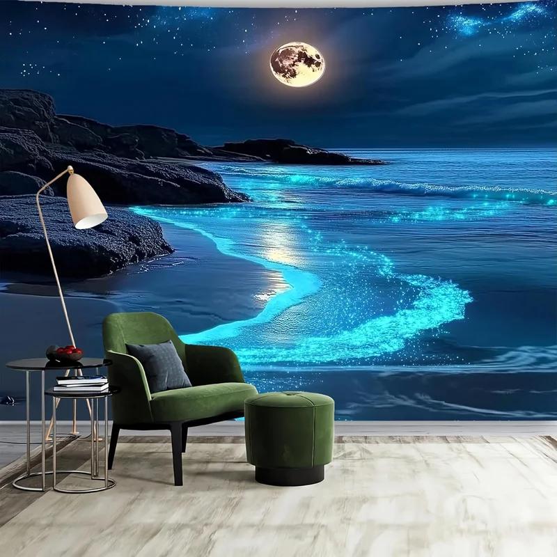 Maanlicht Strand Wandkleed, Gloeiende Oceaan Golven Nachthemel Wanddecoratie voor Slaapkamer Woonkamer Huis Decoratie