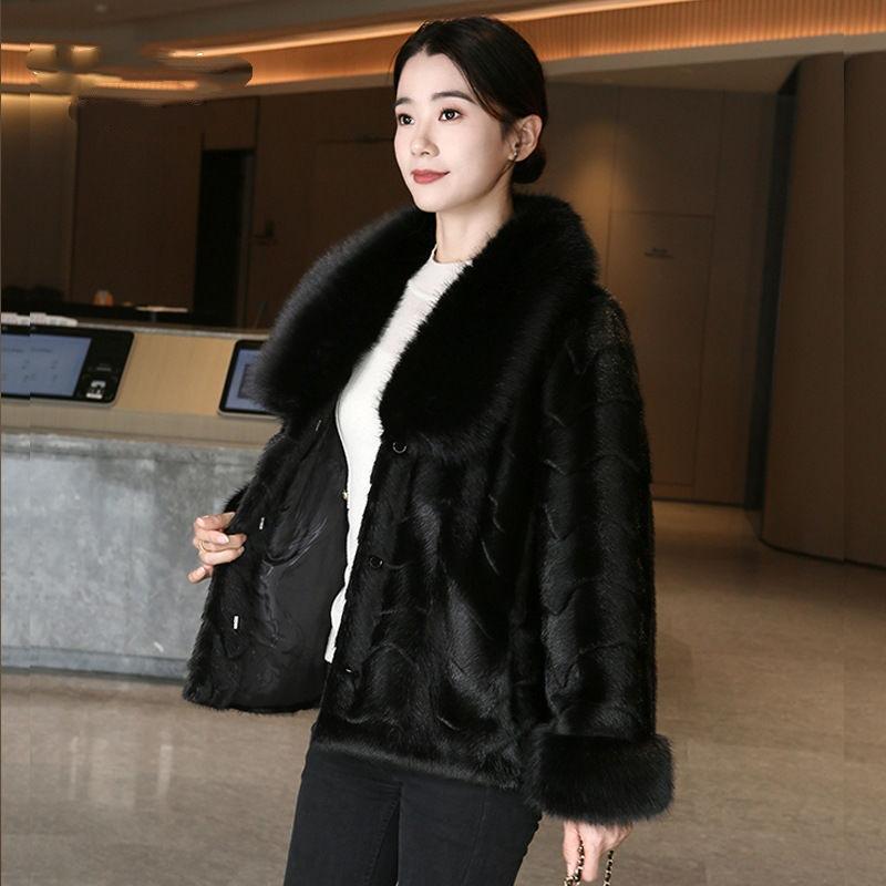 

Зимняя шуба из искусственного меха норки короткая женская новая с воротником из искусственного лисьего меха шуба из меха норки M чёрный