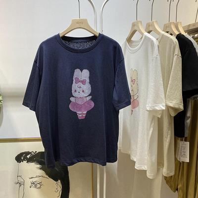 Damen Sommer Cartoon Hase Print Baumwoll-T-Shirt: Locker, Bequem, Kurzärmelig, Mittellang
