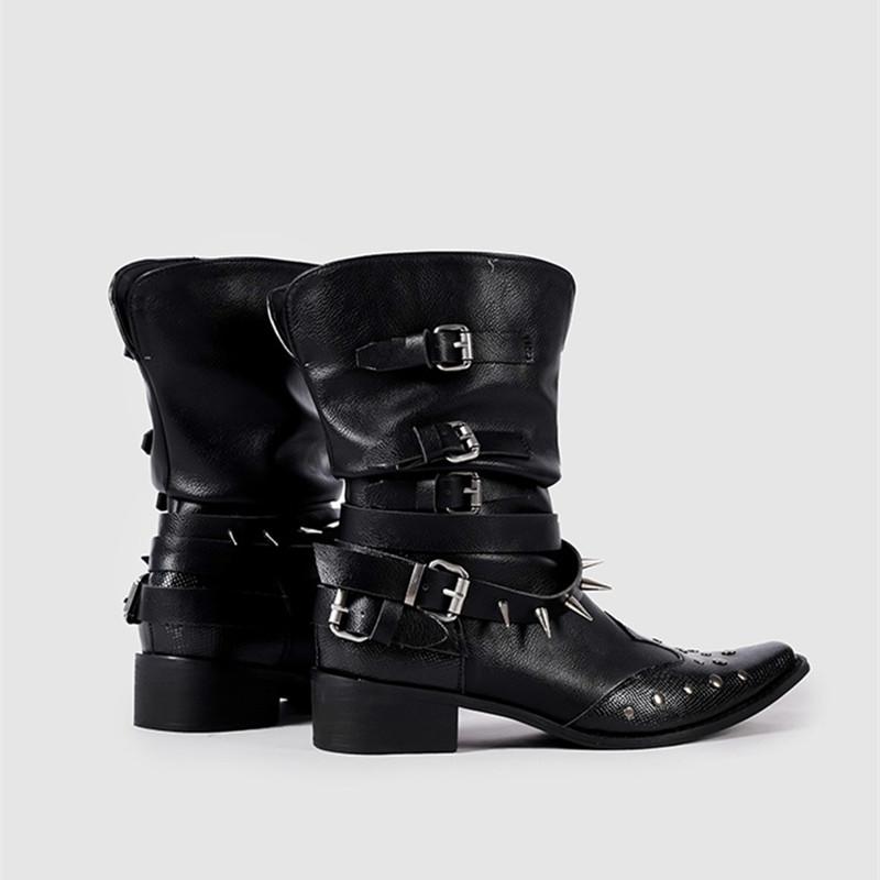 Punk Rivet Spike Patent Leather Women Motorcycle Boots Autumn Winter Thick High Heels Western Chunky Boots Shoes Booties