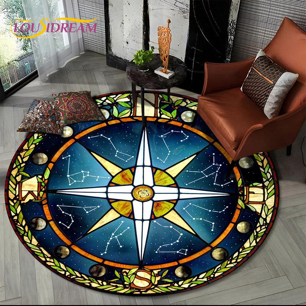 3D Retro Compass Series Circle Area Rug,Round Carpet Rug for Living Room Bedroom Sofa Foot Pad Decor Non-slip Floor Mat Gift