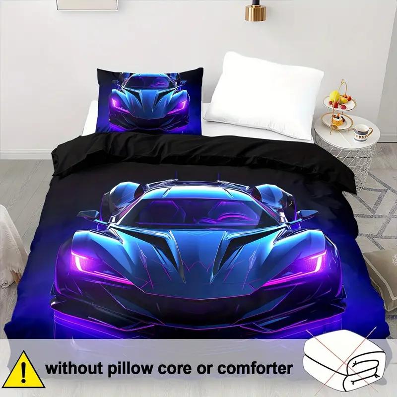 Racing Car Duvet Cover Set - 3D Cartoon Vehicle Print All-Season Bedding Set- 100% Polyester Breathable Fabric, Machine Washable