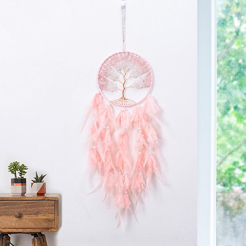 Tree of Life Dream Catcher Handmade Pink Gravel Wall Hangings Feather Craft Home Decor Wind Chimes DreamCatchers Room Decorate