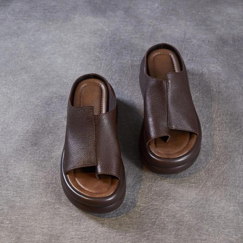Johnature Ciabatte Zeppa Donna Suola Spessa Vera Pelle Comode Retro Sandali da Esterno
