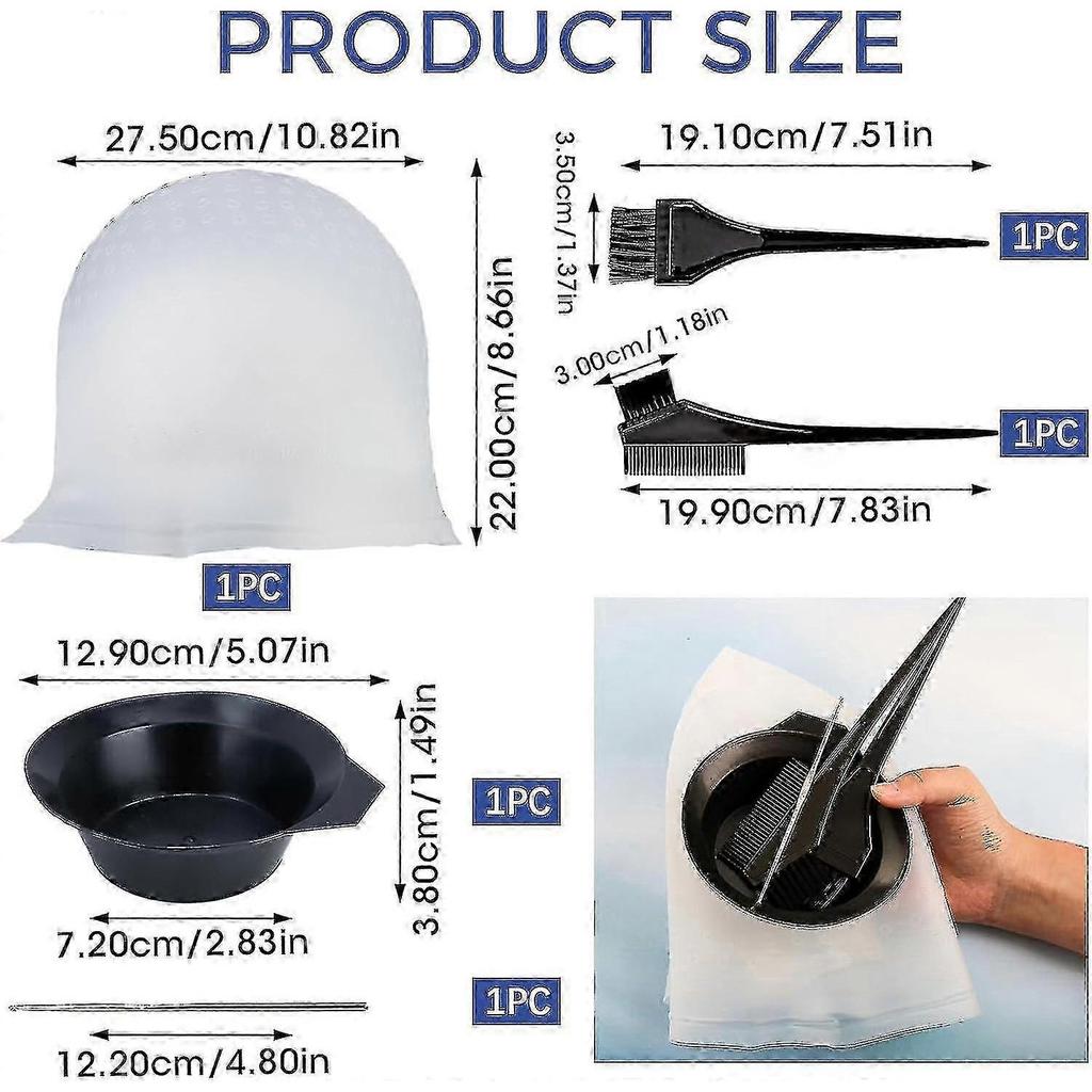 5 Pcs Silicone Highlighting Cap Kit Punched Hole Highlight Cap with Hook Needles Salon Hair Dye Comb Hair Dye Brushes T Walkbee 3776 B