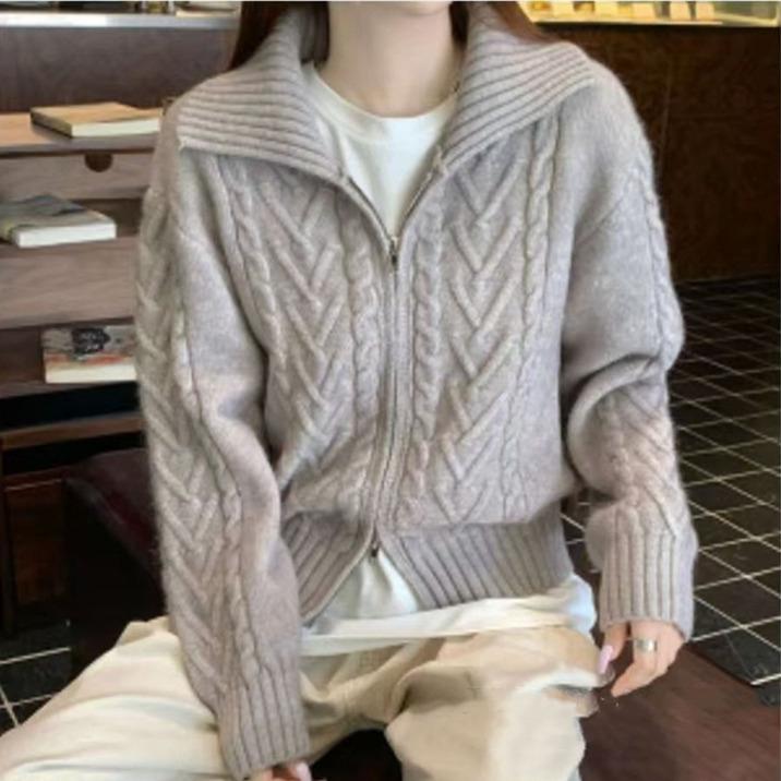 autumn winter Women zipper Knitted Cardigan casual loose solid thicken Sweater korean Long sleeve gray Short coats Tops Sweaters