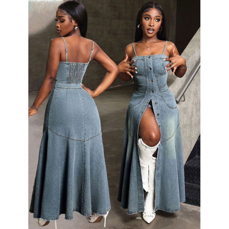 2025 European and American New Style Sexy Spaghetti Strap Denim Dress for Women, Beach Vacation Style, Slit Backless Spaghetti Strap Dress Blue S