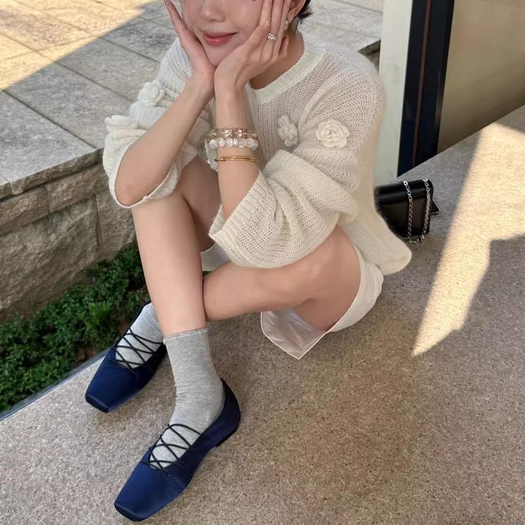 Korean new version of blue satin leather square head retro niche light mouth single shoes Mary Jane ballet flats women