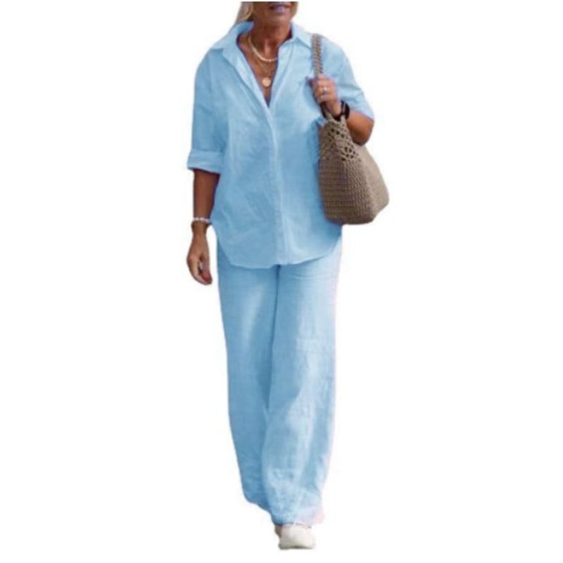 Lapel Long sleeve Shirts Spring and Autumn Leisure Solid Color Pants Wide Leg Suit Casual Top and Pants Set