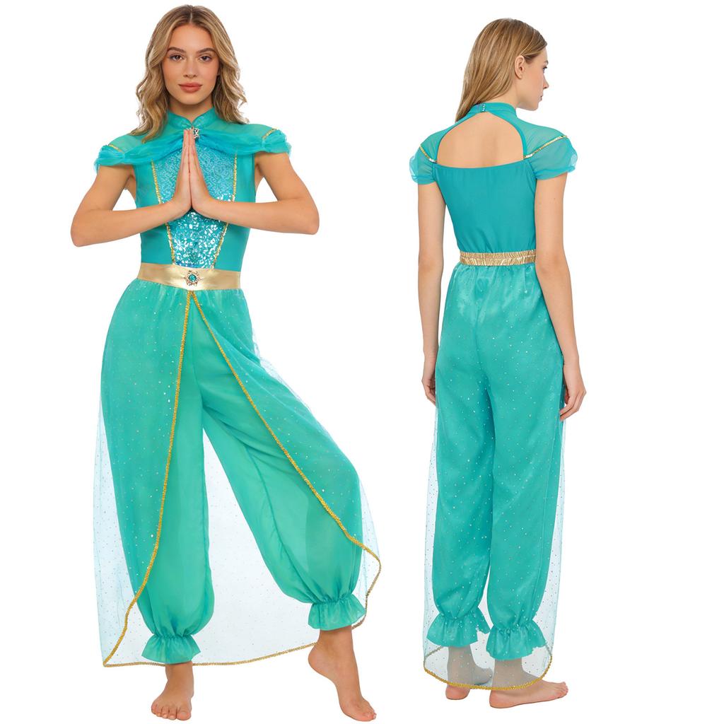 S-4XL Arabische Prinses Jumpsuit voor Dames Halloween Kostuum, Romper met Edelstenen & Pailletten Overlay voor Buikdans & Themafeest