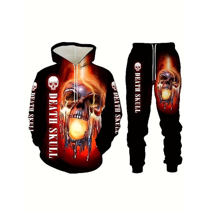 Men s Trendy 3D Luminous Skull Print Autumn And Winter Sweatshirt And Sweatpants 2pcs Set S