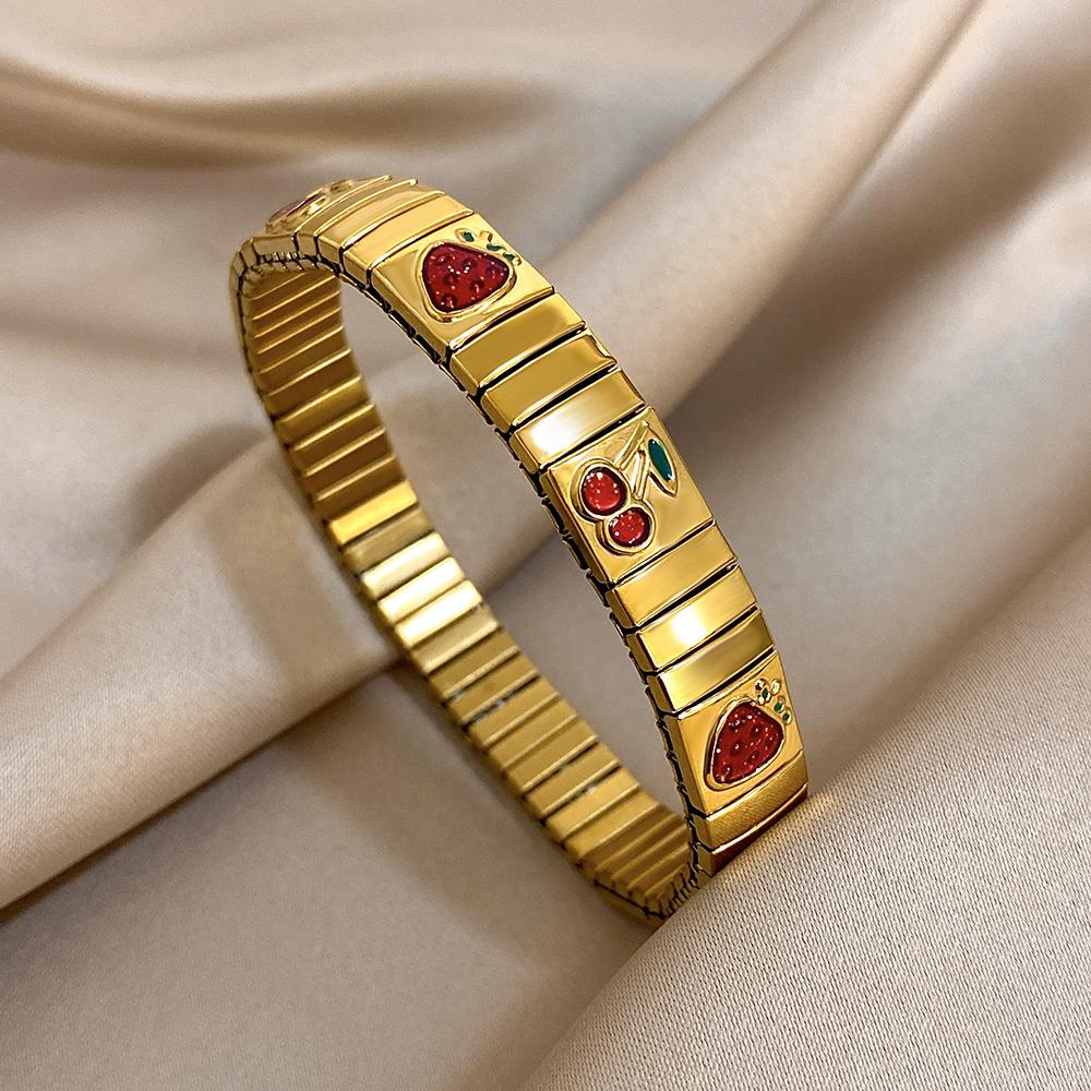 316L Stainless Steel Gold Color Strawberry Cherry Elastic Bangle Bracelet For Women Men Statement New Trend Wrist Zircon Gift